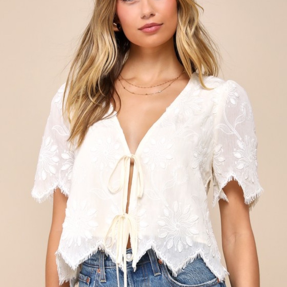 Lulus Vintage Aesthetic Ivory Embroidered Tie-front Fringe Hem Top White